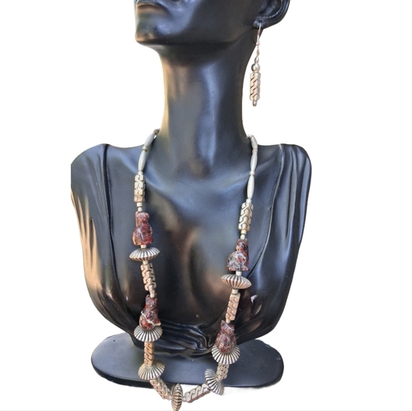 Vintage Jasper Cat Jewelry Set- Bold 80s Statement Necklace + Earrings - Picture 1 of 13